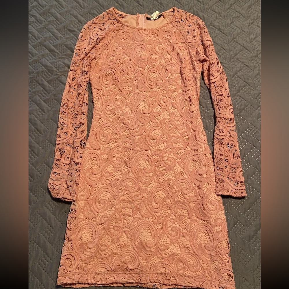 B Darlin Coral Floral Lace Sheath Dress with Long Raglan Sleeves